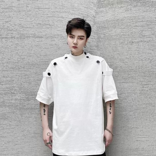 Áo thun unisex form rộng phối nút cực chất - Áo phông tay lỡ nam nữ cổ tròn phong cách ulzzang Hàn