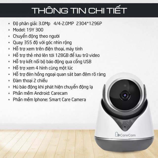 Camera WiFi Carecam 19Y300 3.0Mpx UHD Xoay 360° Cổng USB 4G - Thẻ Nhớ Chính Hãng | BigBuy360 - bigbuy360.vn