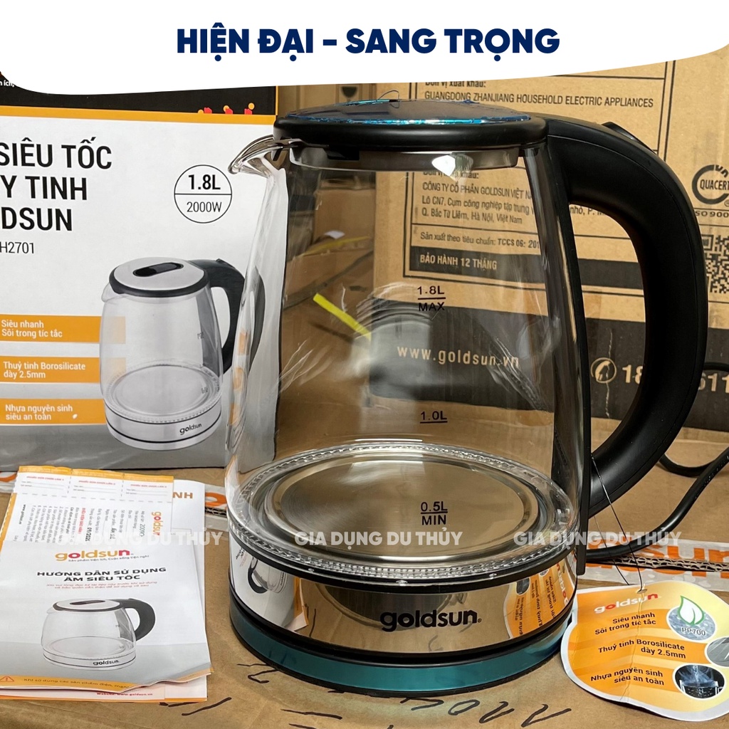 Ấm đun siêu tốc thủy tinh cao cấp Goldsun dung tích 1L8 chịu nhiệt cao, đun sôi nhanh không sinh chất độc hại CH2701