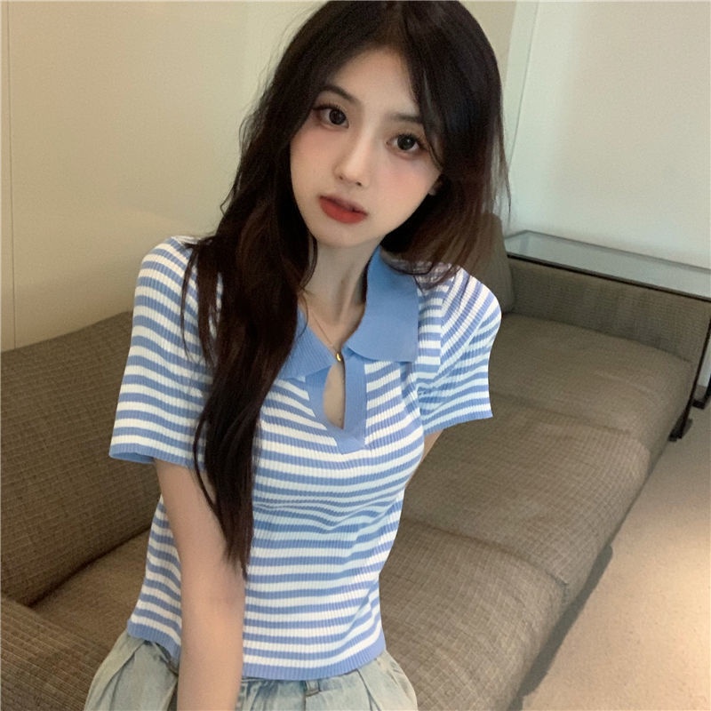 Áo thun BH tay ngắn họa tiết kẻ sọc thiết kế mới thời trang mùa hè theo phong cách Hàn Quốc cho nữ