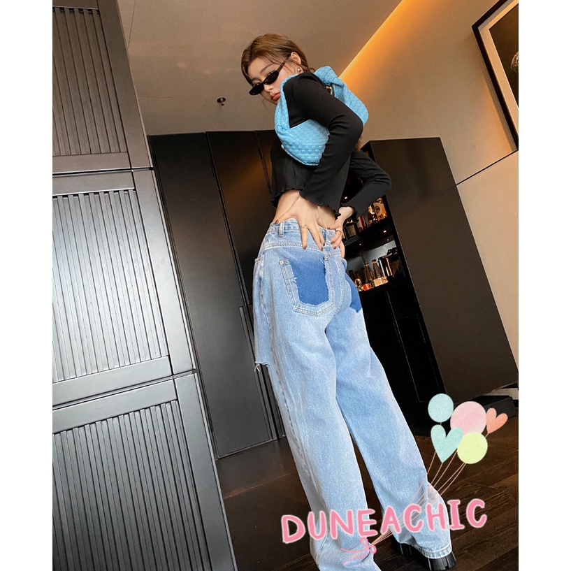 DUNEA Quần Jean Lưng Cao Ống Rộng Phối Rách Cá Tính Dành Cho Nữ