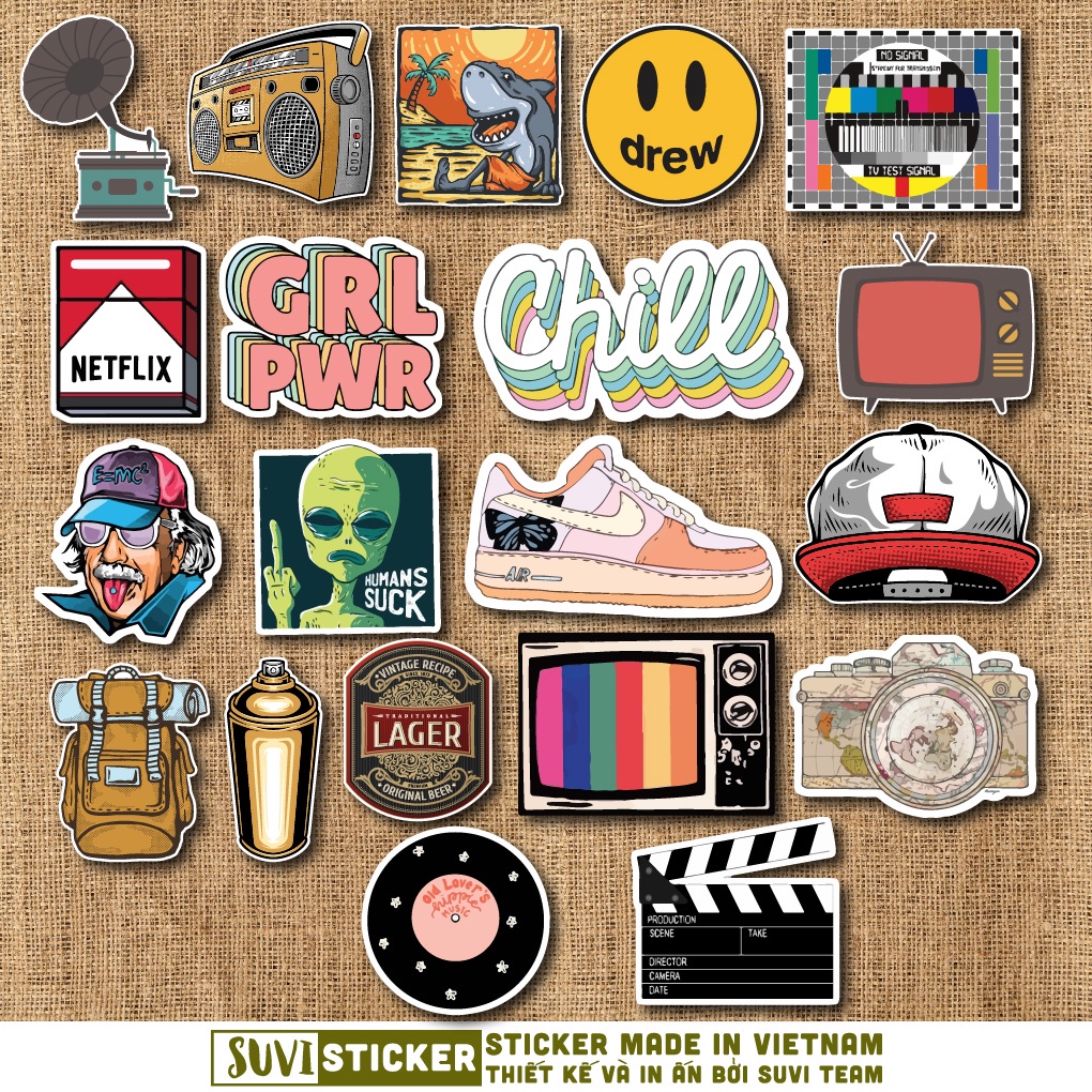 50 Sticker Vintage Mix chống nước sticker dán mũ bảo hiểm, laptop, điện thoại, đàn guitar, vali. MSP: SV33
