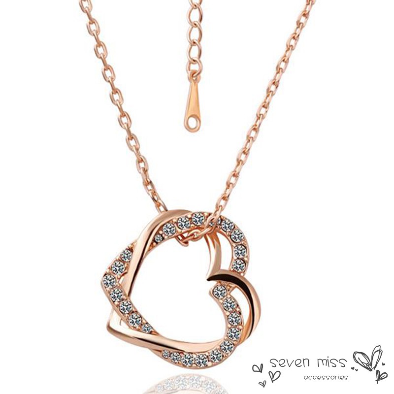 New Fashion Jewelry 18K Real Gold Plated Double Heart Zircon Necklace For Women Gift