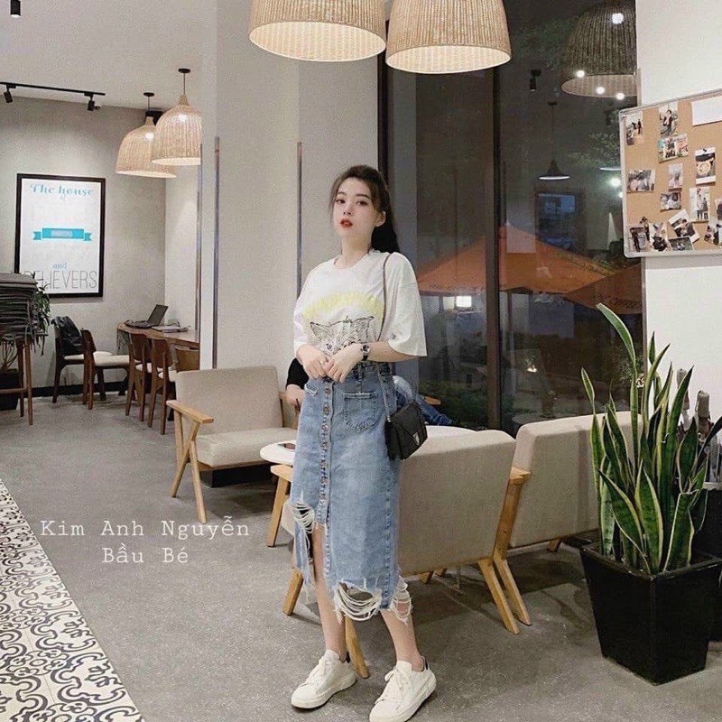 CHÂN VÁY BÒ RÁCH 1 TÚI TRƯỚC