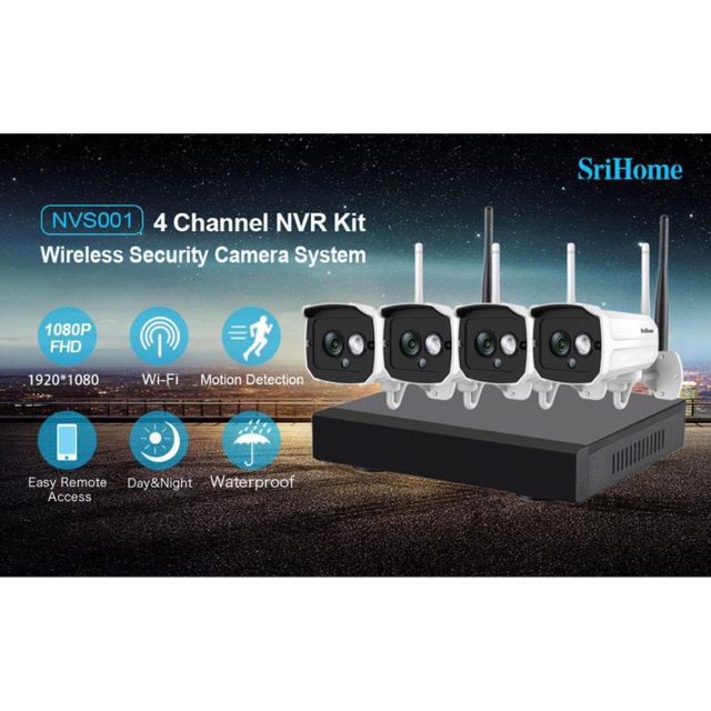 Trọn bộ Kit 4 camera IP SRIHOME NVS001 full HD 1080 + Đầu ghi hình IP 4 kênh