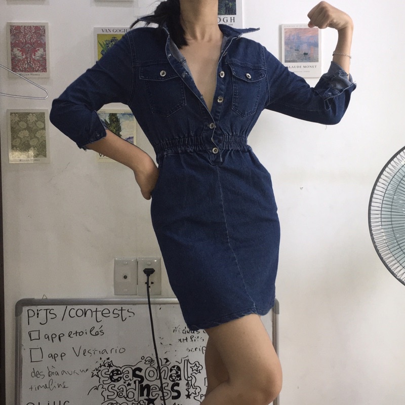 Bodycon Mini Denim Dress - Đầm jean co giãn dáng ôm body Y2K clean girl công sở đẹp sexy McBling Britney Spears