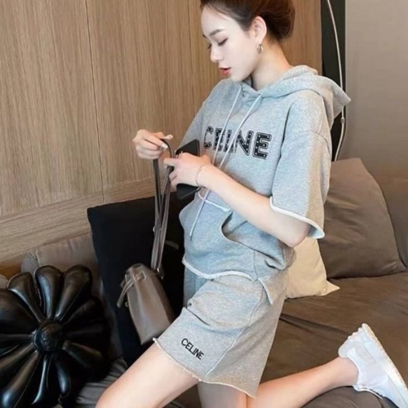 Bộ đồ thể thao 2 món 154120 gồm áo hoodie ngắn tay in chữ + quần short thời trang hè thường ngày