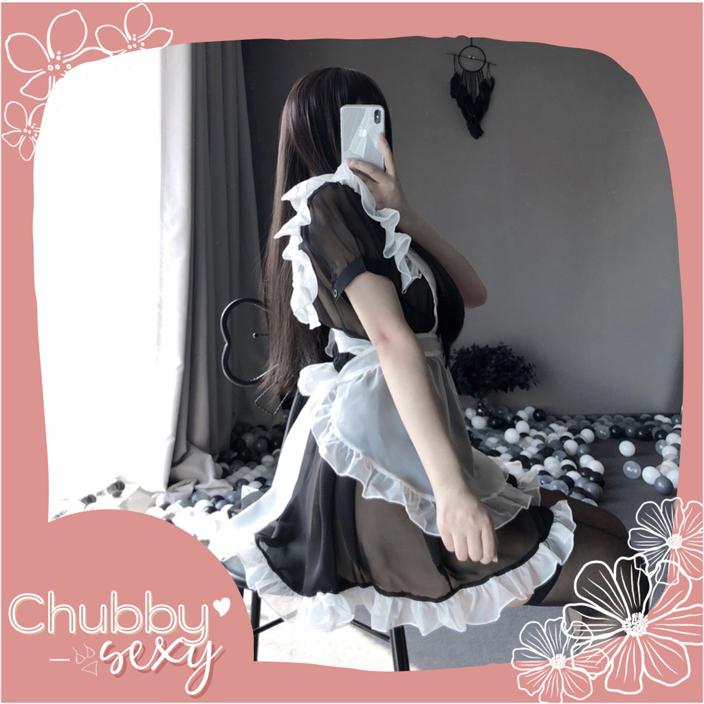 Cosplay Sexy Hầu Gái - Siêu phẩm set đồ cô hầu gái ren đen yếm trắng nơ đỏ - CPL16 - Chubby.sexy
