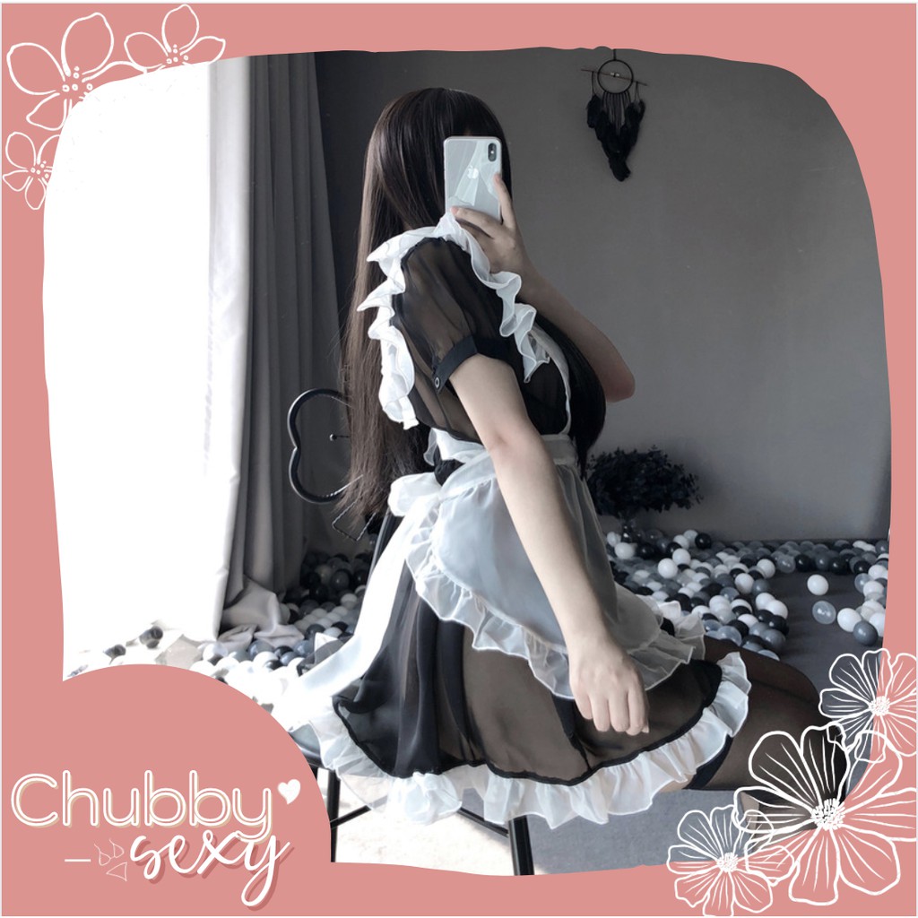 Cosplay Sexy Hầu Gái - Siêu phẩm set đồ cô hầu gái ren đen yếm trắng nơ đỏ - CPL16 - Chubby.sexy | BigBuy360 - bigbuy360.vn