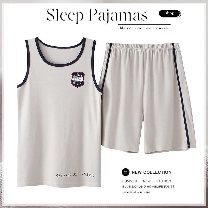 pyjama nam vest cotton cộc tay quần đùi mặc nhà ngày phục vụ bố bộ đồ trung niên mỏngPP