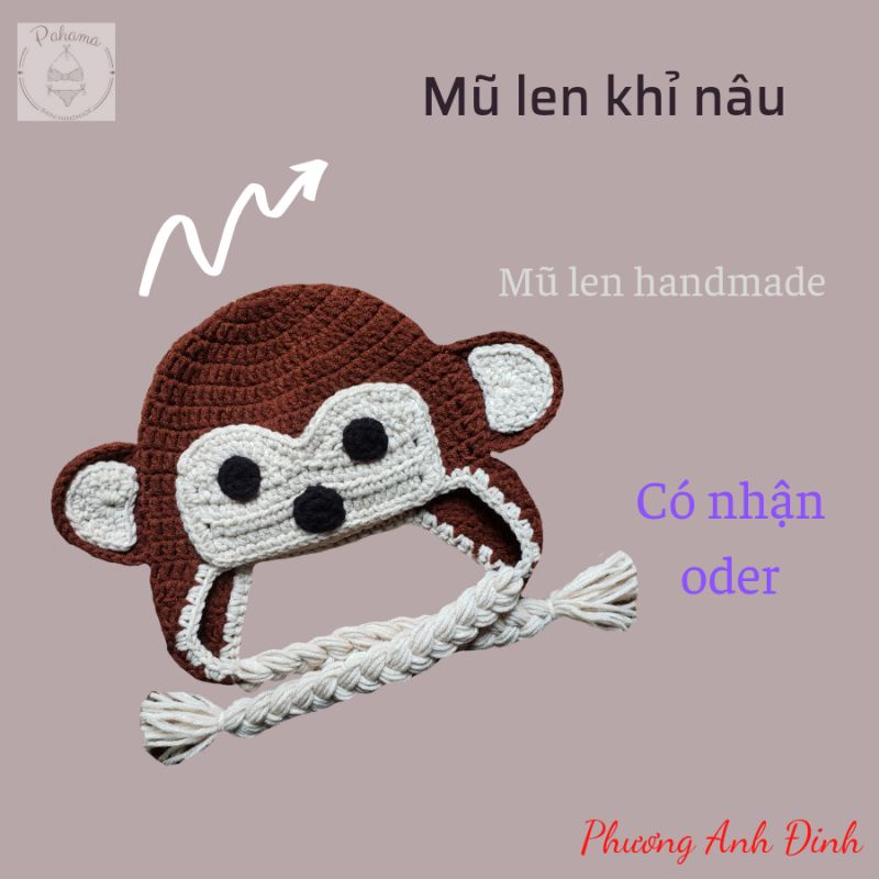 Mũ len hình thú cho bé - mũ len handmade - mũ len khỉ nâu