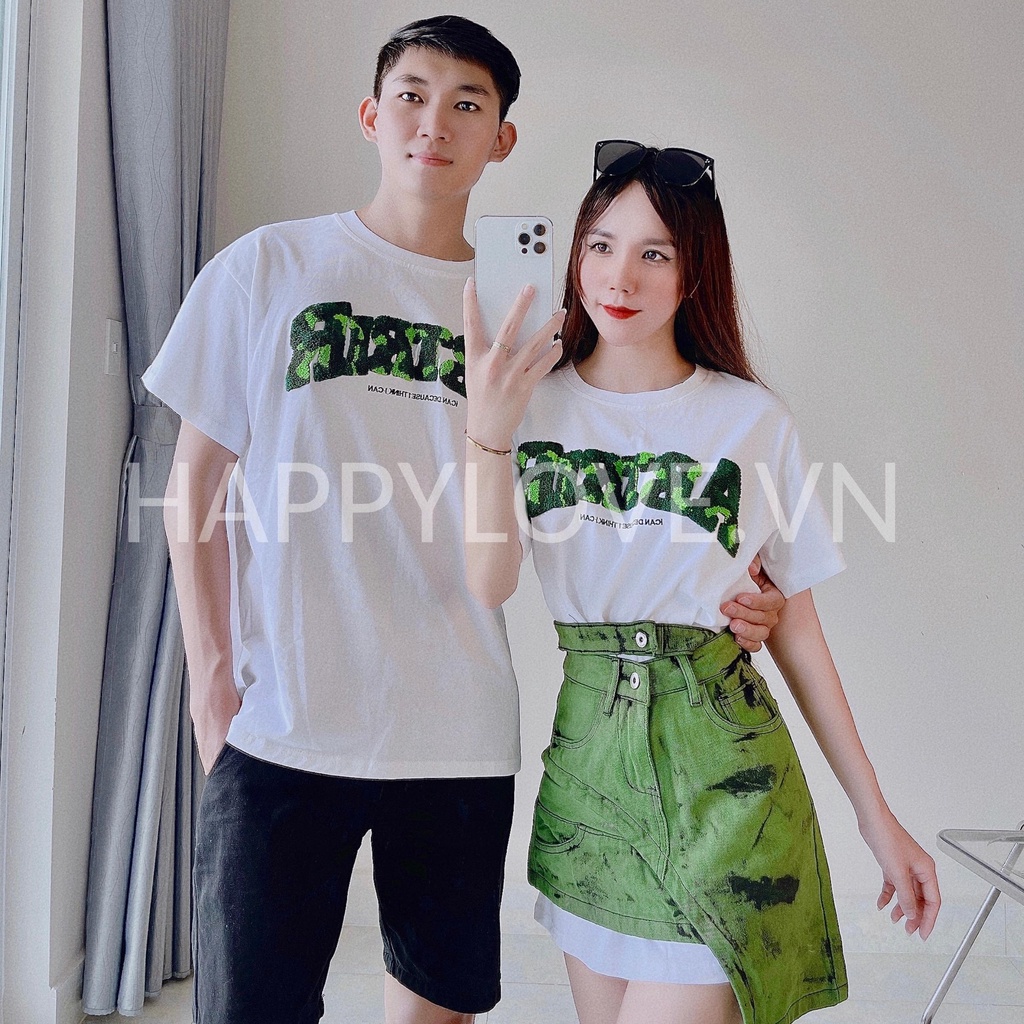 Set áo đồ đôi nam nữ unisex form rộng hàng Quảng Châu HAPPYLOVE, Áo cặp đôi couple màu trắng thêu chữ xanh lá mã H08