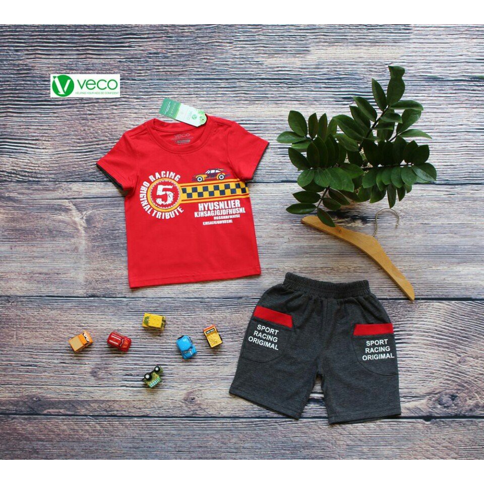 Quần áo trẻ em xuất khẩu cao cấp - Bộ thun bé trai in hình số 5 thương hiệu Veco ( Áo đỏ)