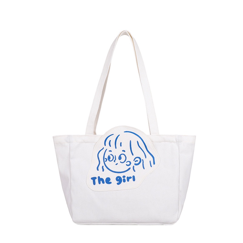 Túi tote đeo vai bằng vải canvas mềm màu trơn in họa tiết phong cách phương Tây mới cho nữ