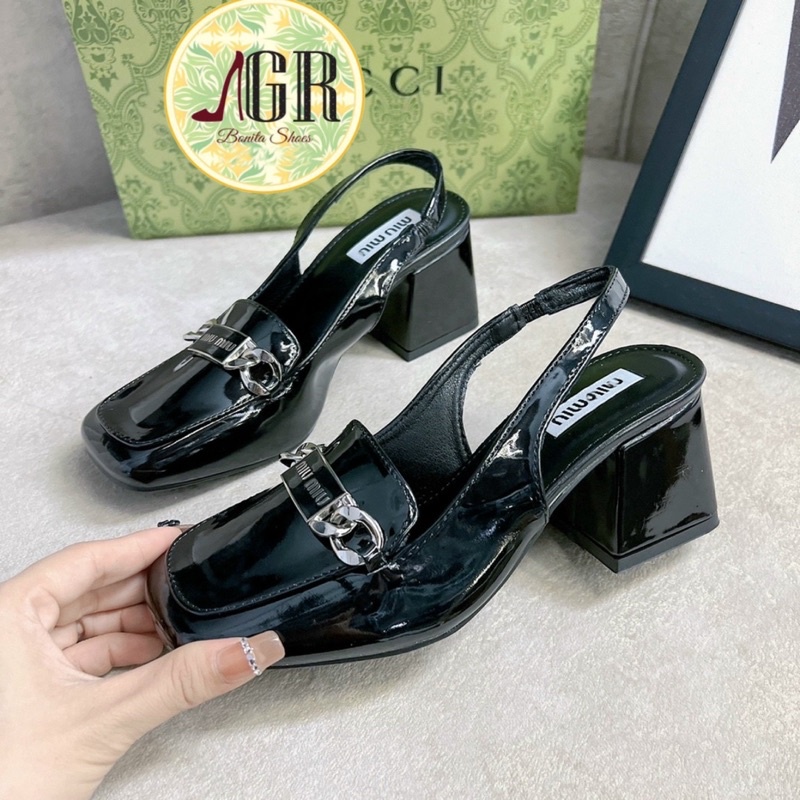 Sandal gót mũi vuông khoá MM gót vuông hh 6 cm