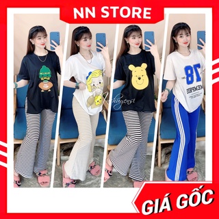 Đồ bộ thun dài ống loe quần sọc cho nữ mặc nhà in hình gấu chữ hoạt hình dễ thương chất thun mềm co giãn TP114