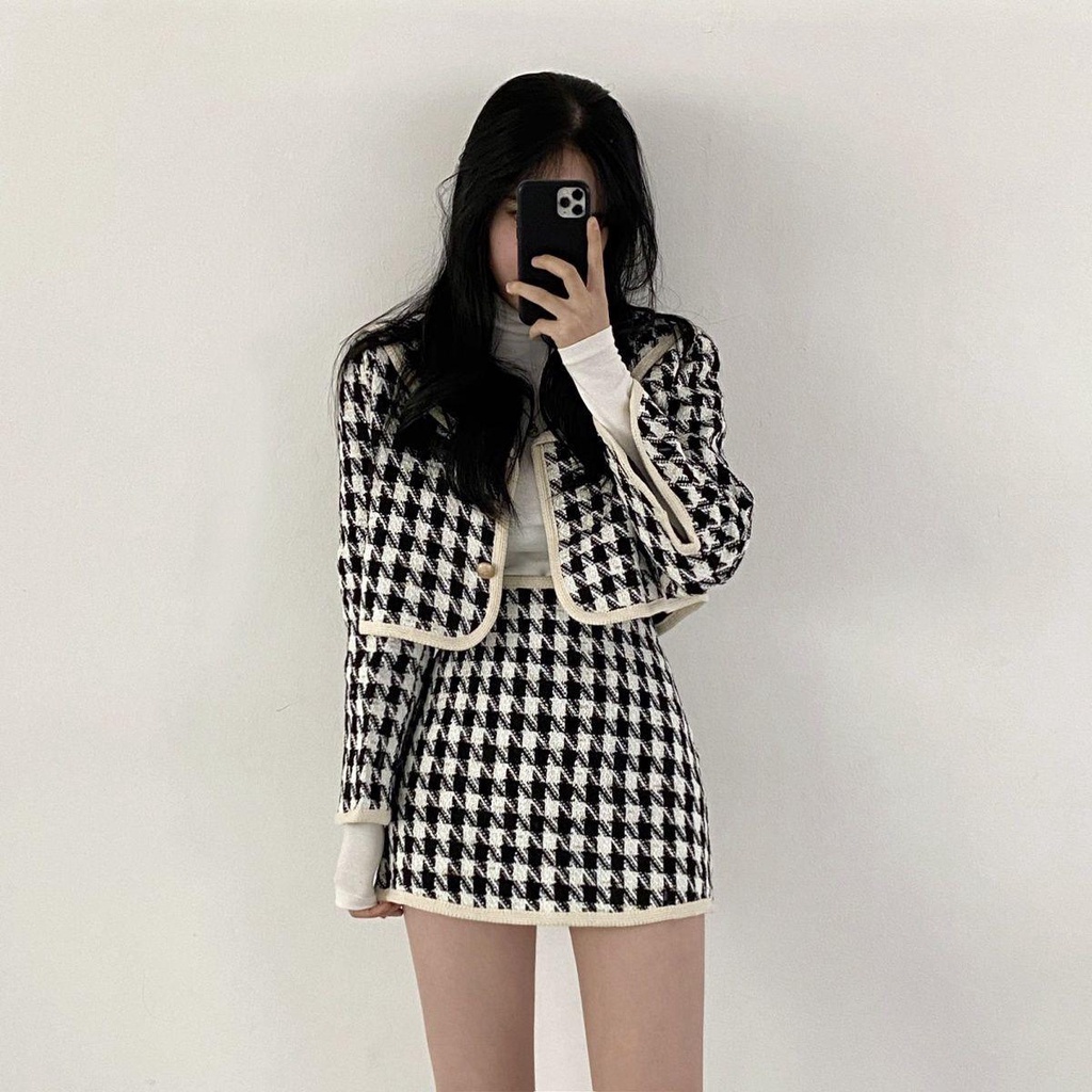 ❅☃Set Áo Khoác Và Chân Váy Họa Tiết Houndstooth Thời Trang Dành Cho Nữ