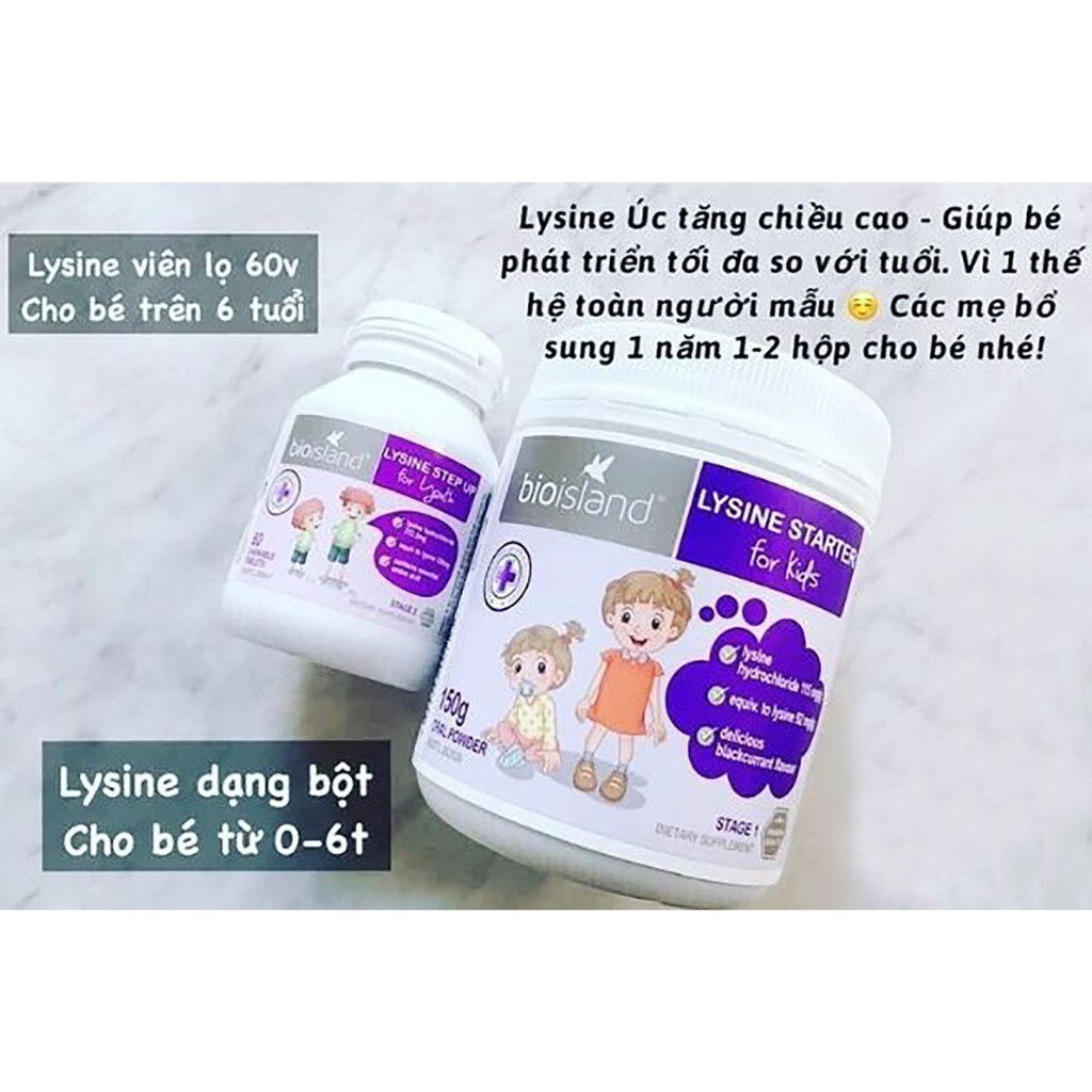 Viên nhai tăng chiều cao tăng chiều cao cho bé từ 6 tuổi Bio Island Lysine Step Up for Youth 60 Viên của Úc