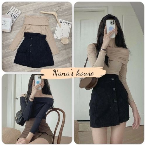 Chân Váy Nhung Tăm Nữ 🎁 Nana's House - FREESHIP 🎁 Váy trơn khuy cài, túi giả thiết kế cá tính HOT