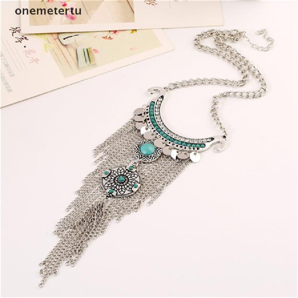 Vòng cổ Dài Tua Rua Đính Đá Ngọc Lam Phong Cách Gypsy Cổ Điển