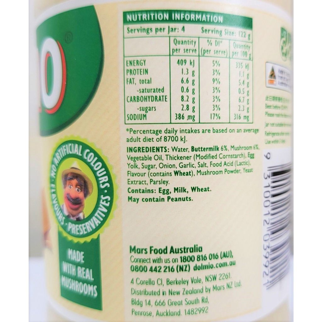 [Lọ 490g – MUSHROOM] XỐT MÌ Ý KEM NẤM [Australia] DOLMIO Creamy Pasta Sauce