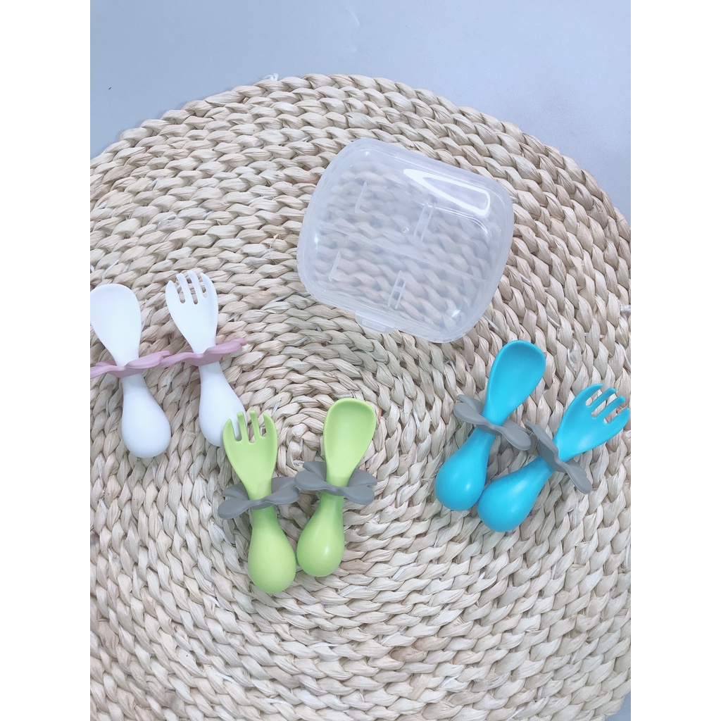 Thìa dĩa tập xúc cho bé có nút chặn hình bông hoa dễ thương giúp bé tập ăn KÈM HỘP NHỰA