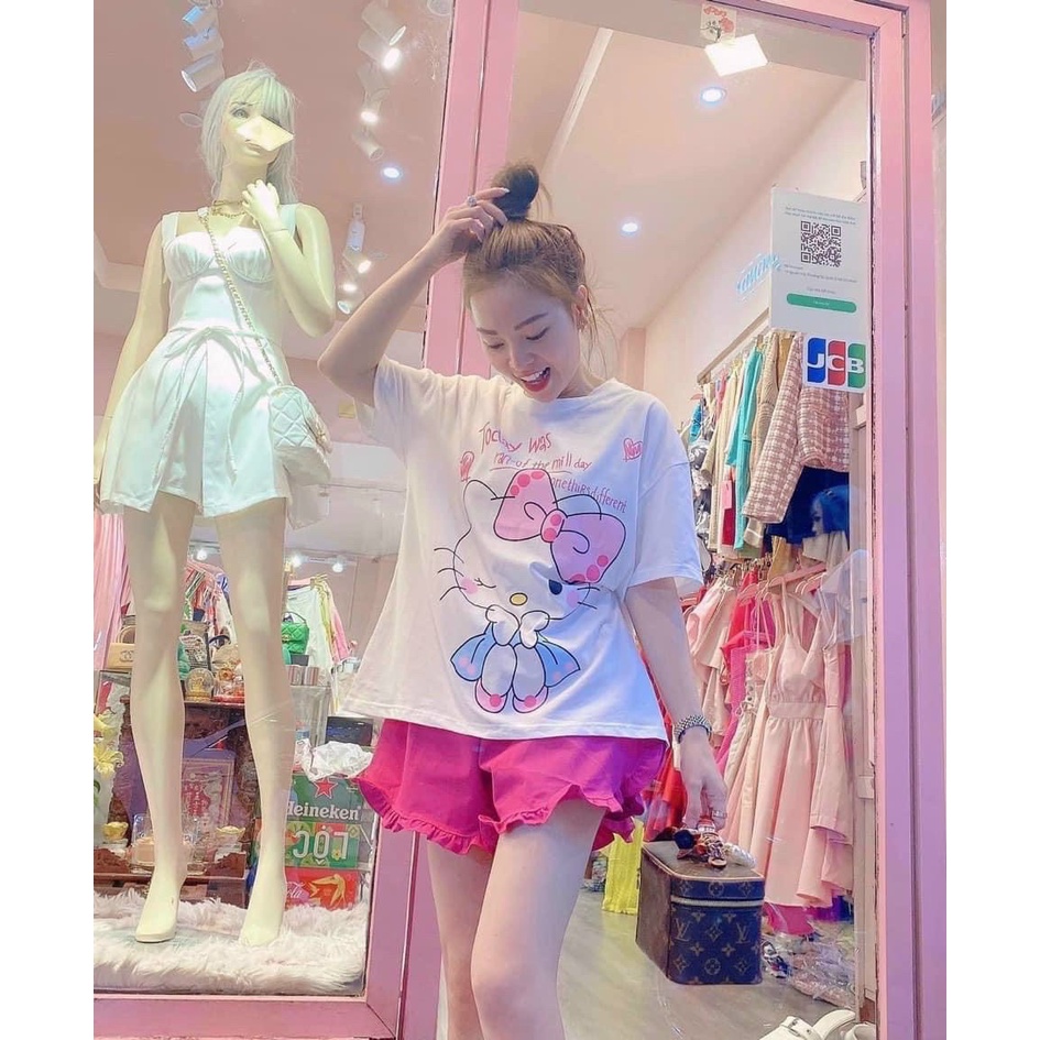 Set bộ đi chơi nữ áo thun form rộng màu trắng mèo kitty quần đùi viền bèo xinh