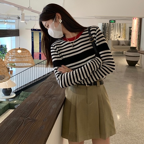 Áo len ZHELIHANGFEI thiết kế tay dài cổ tròn họa tiết kẻ sọc ngang thời trang dễ phối đồ cho nữ
