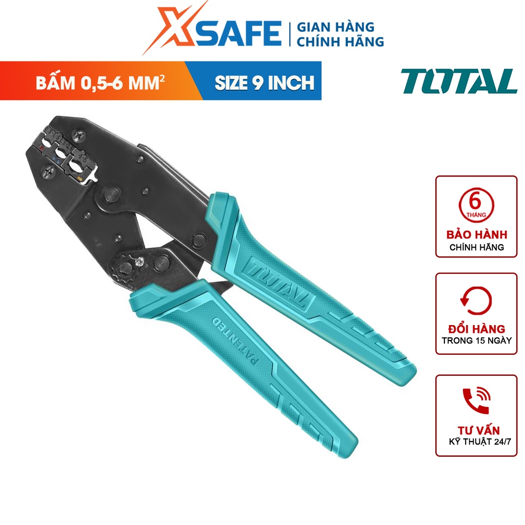 Kềm bấm cos 9'' TOTAL THCPJ0506, kềm bấm cos đầu dây cách điện AWG20-10, phạm vi bấm: 0,5-6mm² - [CHÍNH HÃNG][XSAFE]