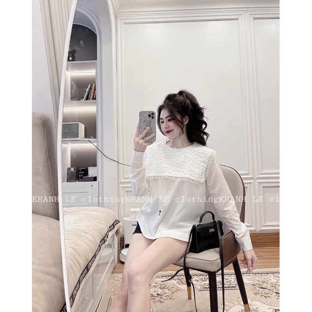 ÁO SƠMI TRẮNG CỔ XỐP VUÔNG CHẠY REN LƯỚI THÊU HOẠ TIẾT ONG  KHUY LƯNG HOT HIT