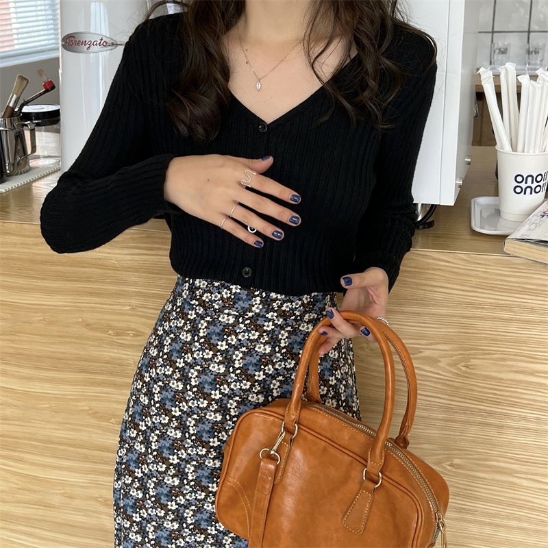 SUXI Áo Cardigan Dệt Kim Tay Dài Cổ Chữ V Màu Sắc Đơn Giản Cho Nữ