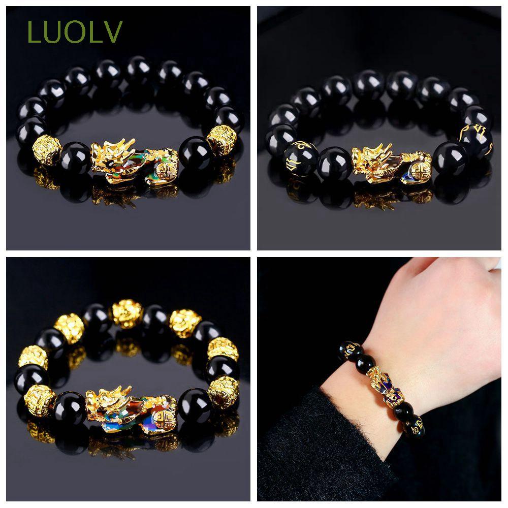 LUOLV Vòng đeo tay chuỗi hạt may mắn màu đen phối mặt dây chuyền đổi màu theo nhiệt độ thời trang