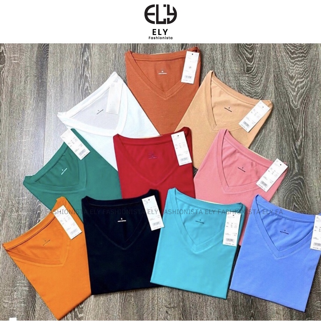 Áo cổ tim ngắn tay dáng suông cotton basic đẹp trắng cao cấp, áo thun nữ cổ V cộc tay đen ELY205Đ