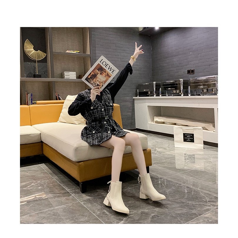 Giày bốt Martin phong cách Anh quốc cổ cao đế cao 5cm Có màu kem và đen | BigBuy360 - bigbuy360.vn