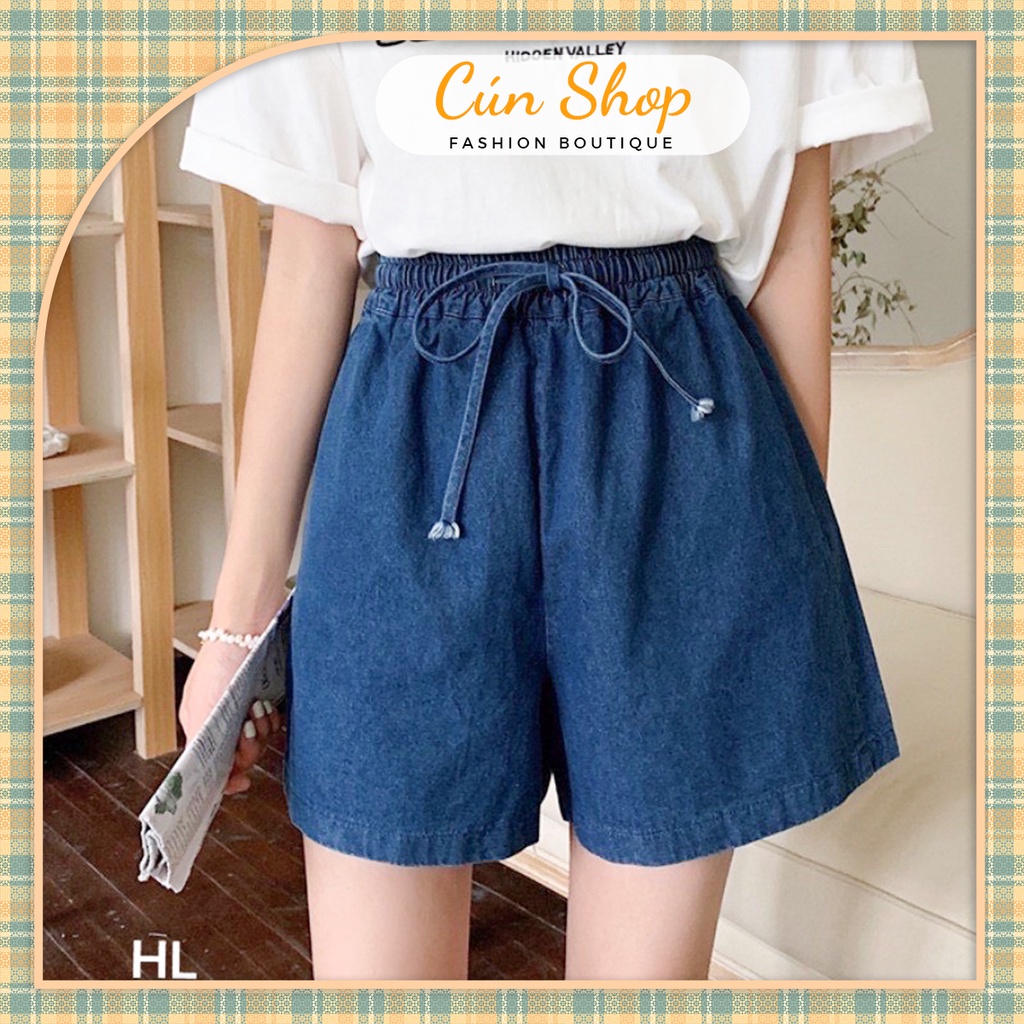 Quần short ,đùi jeans cạp chun đính nơ chất liệu bò giấy mềm- Cún Shop