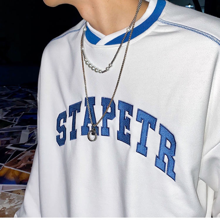 Áo nỉ sweater cổ tròn dáng rộng thêu chữ cá tính cho nam mùa xuân năm 2021