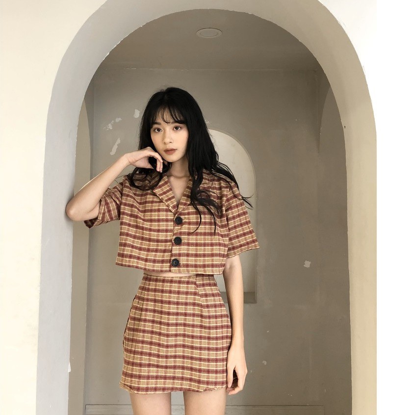 [freesize] SET ÁO SƠ MI CROPTOP KẺ CARO + CHÂN VÁY CHỮ A HOT - SET ÁO CROPTOP CỔ VEST FORM RỘNG 9 MÀU ( ảnh thật ) | BigBuy360 - bigbuy360.vn