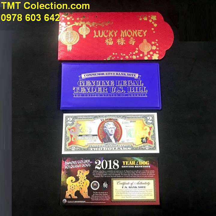 Tiền kỷ niệm 2 USD hình con chó 2018, chất liệu Giấy cotton, mực phản quang, màu Xanh đỏ và vàng - TLX048