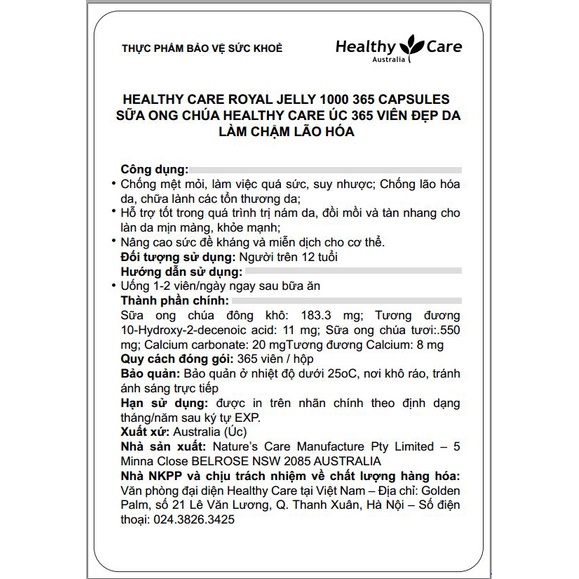 Viên Uống Sữa Ong Chúa Heathy Care Royal Jelly 365 Viên
