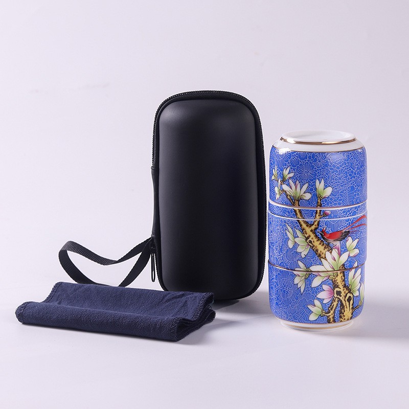 Bộ bình trà du lịch xách tay gồm bốn ly, túi xách tay đơn giản kiểu Nhật nhiều hoạ tiết đặc sắc
