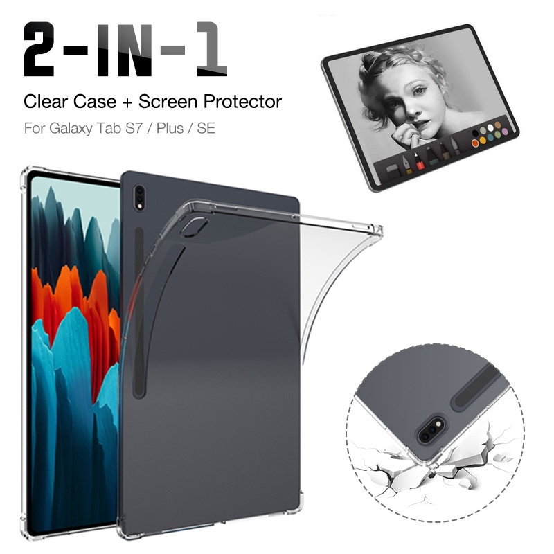 Ốp Máy Tính Bảng Silicon Trong Suốt + Miếng Dán Bảo Vệ Màn Hình Chống Sốc Cho Samsung Galaxy Tab S7 / Plus / FE