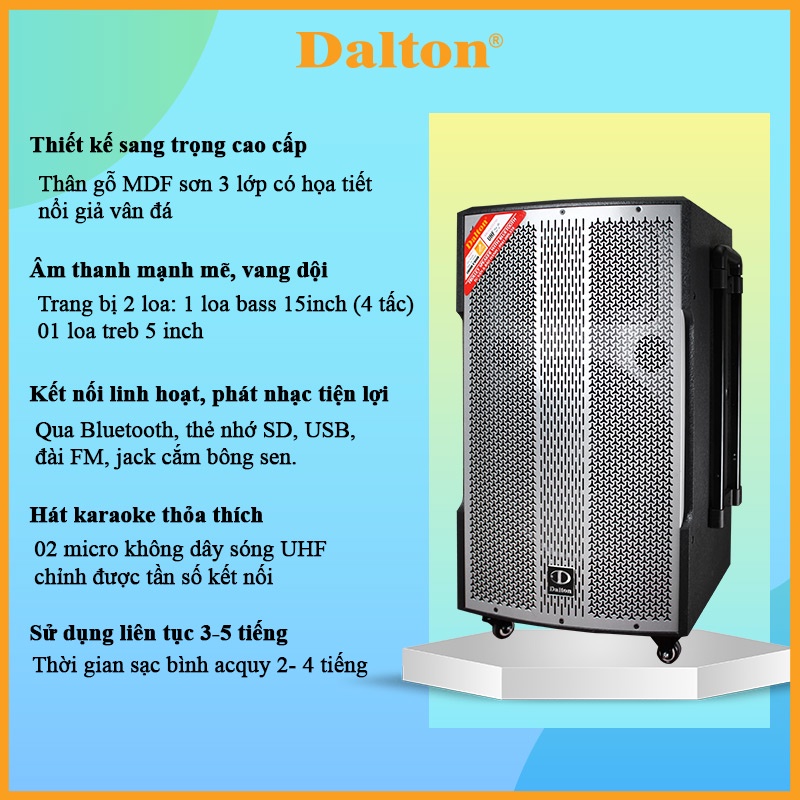 Loa kéo di động karaoke công suất lớn DALTON TS-15G500X, bass 4 tấc 600W kèm 2 micro không dây-BH 12 tháng.