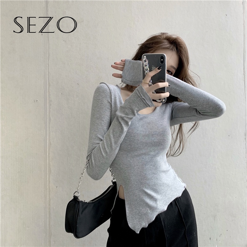 QKOOLE  Áo thun tay dài cổ tròn phong cách Hàn Quốc quyến rũ cho nữ chất lượng cao