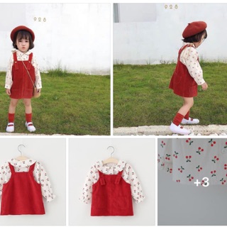 Set áo hoa kèm yếm nhung đỏ bé gái