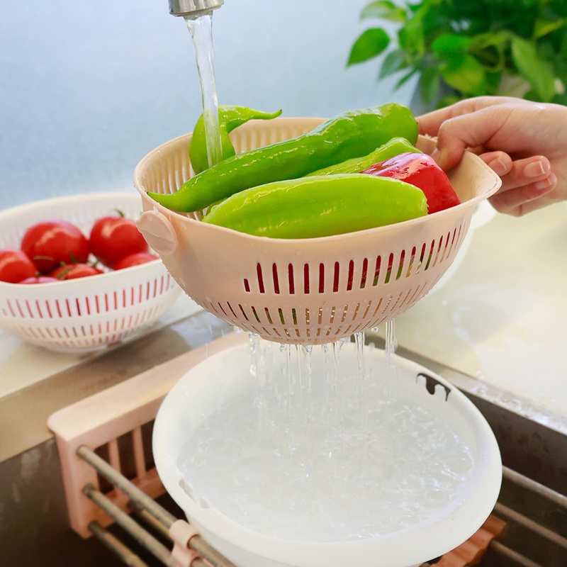 Rổ Rửa Trái Cây/ Rau Củ Quả Hai Lớp Xoay Được Tiện Lợi Cao Cấp