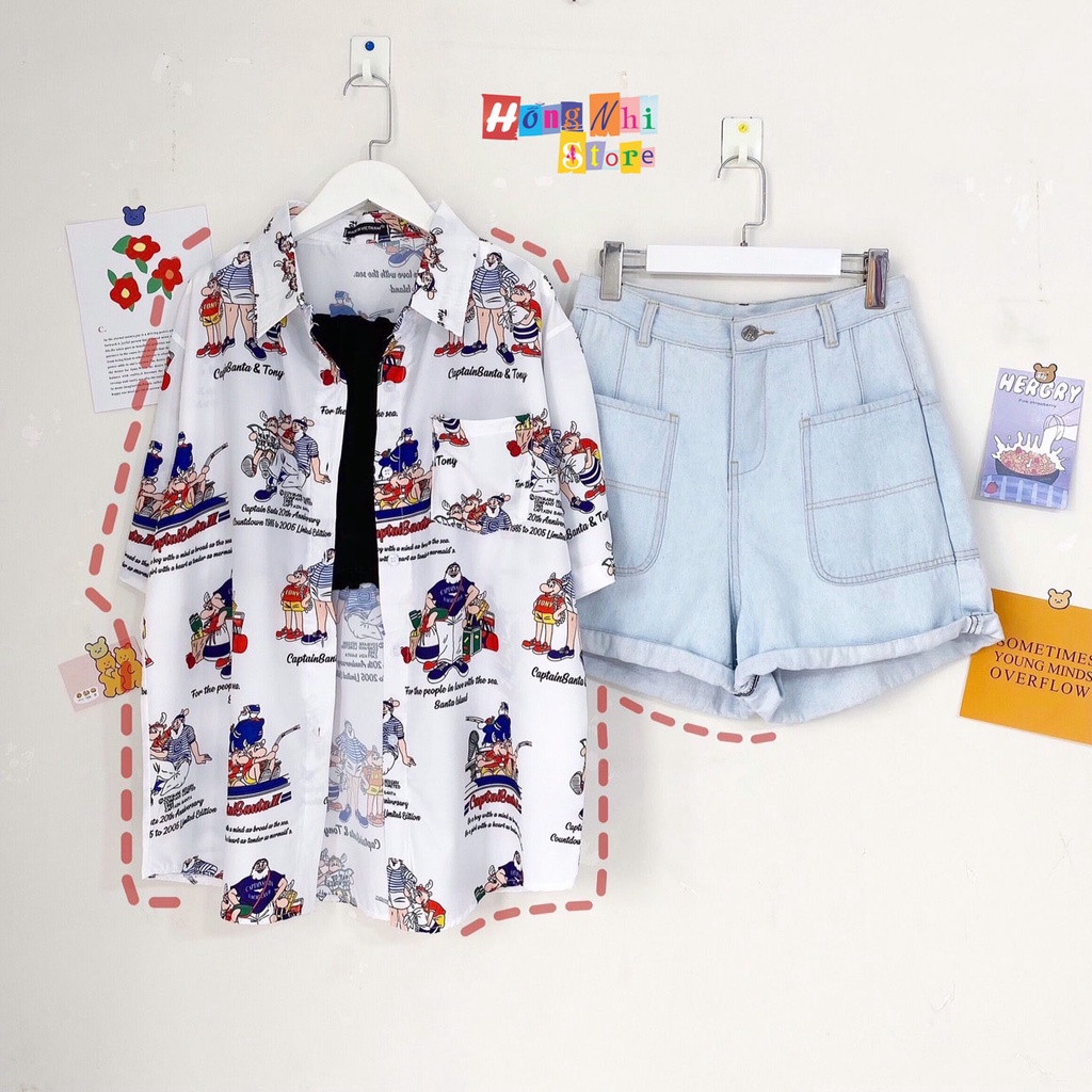 Áo Sơ Mi Họa Tiết Hoạt Hình Mario Tay Lỡ Dáng Rộng Ulzzang Unisex, Sơ Mi Đi Biển - MM