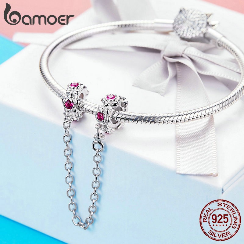 Hạt xỏ BAMOER bạch kim đính đá zircon phối chuỗi xích làm vòng đeo tay