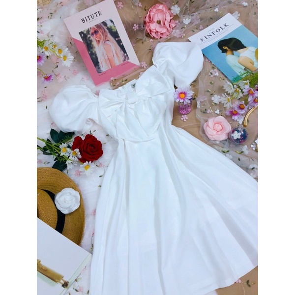 Đầm dự tiệc đầm dạo phố dáng xòe nhẹ tay bồng phối nơ xinh xắn Bibi- BT066