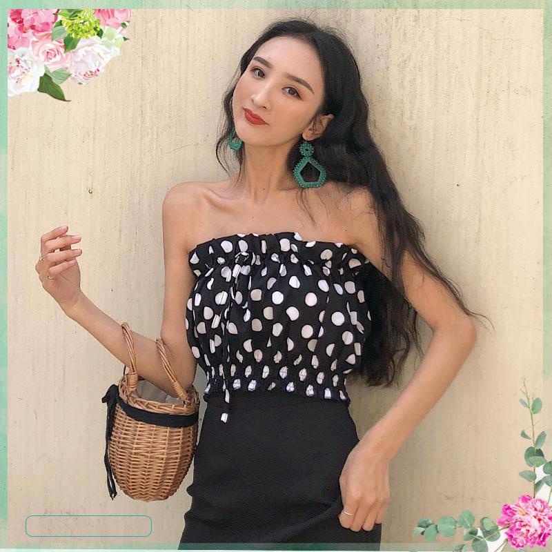 Áo Hai Dây Họa Tiết Chấm Bi Phong Cách Retro Hàn Quốc Mới