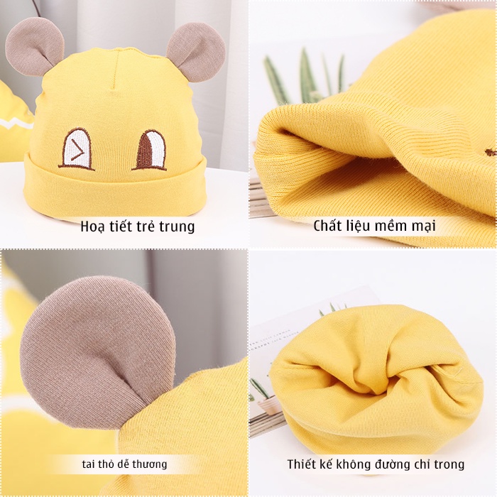 Mũ nón sơ sinh COTTON mềm êm cho bé 0-6 tháng, kiểu dáng trùm đầu an toàn, mềm mịn, 2 lớp không đường may phong cách HOT